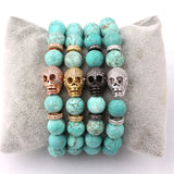 Natural Stone Beads Women Bracelet with Large CZ Pave Skull Charm