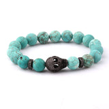 Natural Stone Beads Women Bracelet with Large CZ Pave Skull Charm