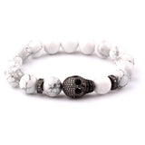 Natural Stone Beads Women Bracelet with Large CZ Pave Skull Charm