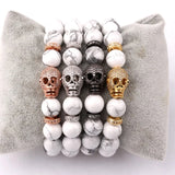 Natural Stone Beads Women Bracelet with Large CZ Pave Skull Charm