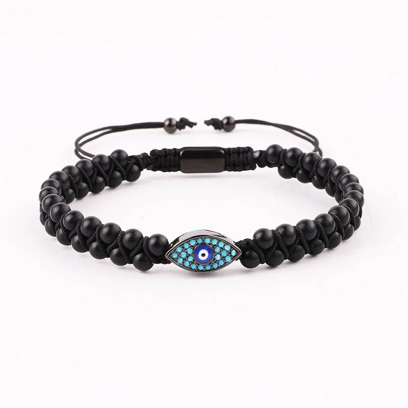 Natural Stone CZ Pave Eye Charm Macrame Bracelet