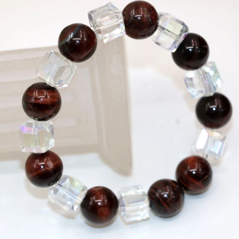 Red Tiger Stone Bead Bracelet with Crystal Charm, 7.5 inch