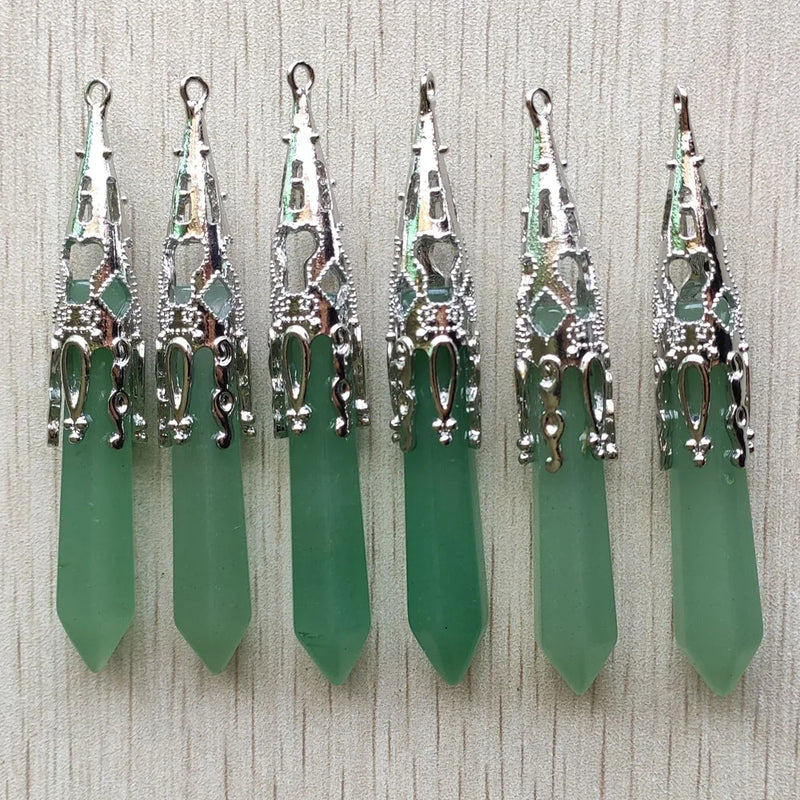 Green Aventurine Divination Wicca Birthstone Pillar Pendants Jewelry 6pcs