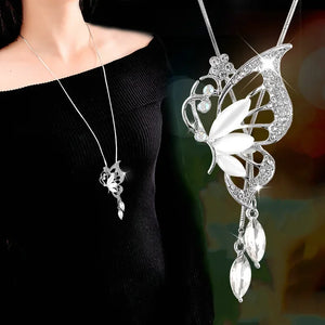 Opal Crystal Butterfly Wings Long Necklace Pendant for Women Jewelry