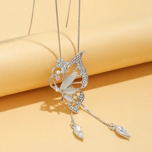 Opal Crystal Butterfly Wings Long Necklace Pendant for Women Jewelry