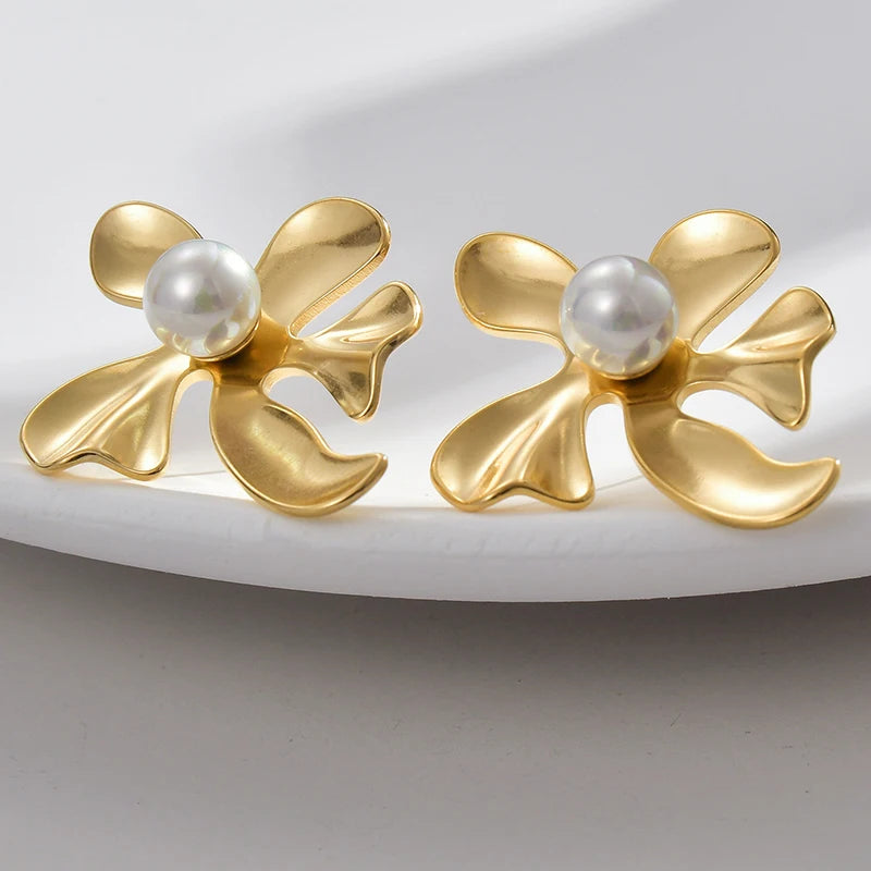 Pearl Big Flowers Ginkgo Leaf Earrings For Women Girl