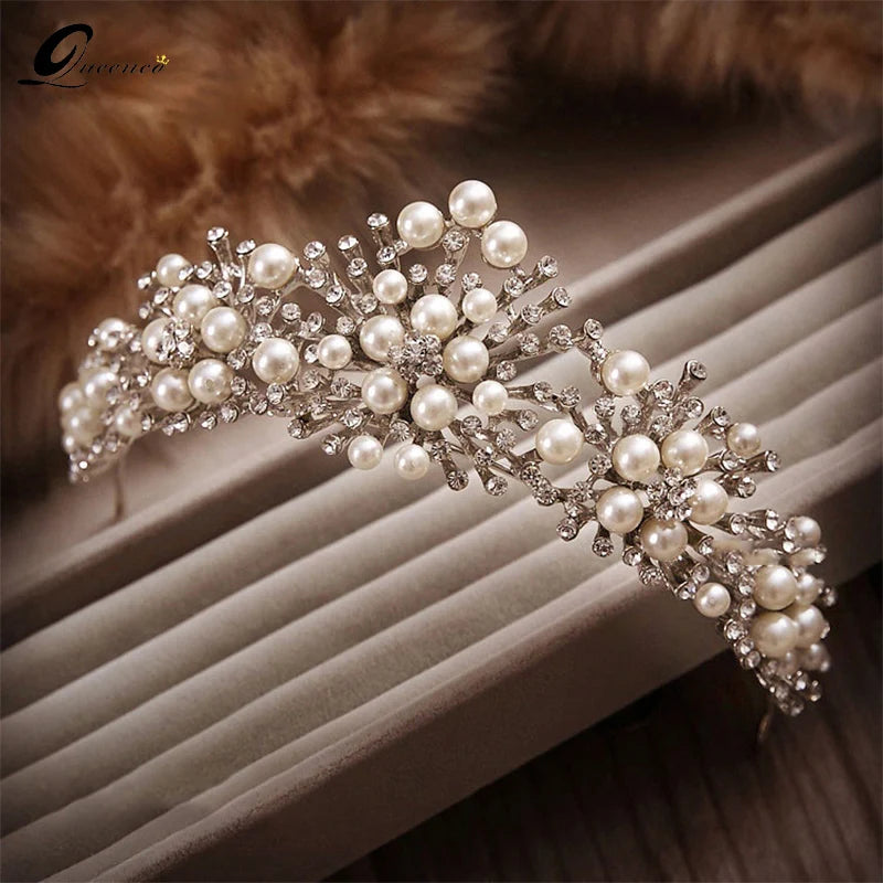 Pearl Crown Crystal Tiara Flower Rhinestone Hair Tiaras For Wedding