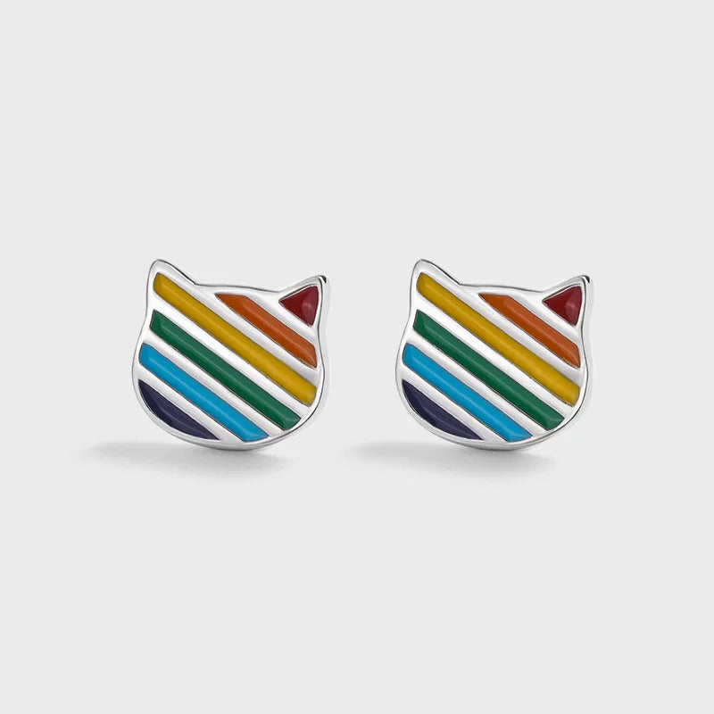 Rainbow Cat Ear Lady's Stud Earrings S925 Sterling Silver