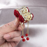 Red Rose Tassel Hairpin Crab Clip Hanfu Style Accessories