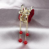 Red Rose Tassel Hairpin Crab Clip Hanfu Style Accessories