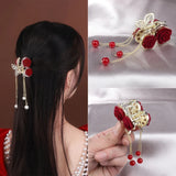 Red Rose Tassel Hairpin Crab Clip Hanfu Style Accessories