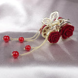 Red Rose Tassel Hairpin Crab Clip Hanfu Style Accessories