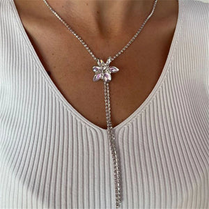 Rhinestone Y Shape Long Necklace Thin Chain Flower Choker Collar