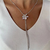 Rhinestone Y Shape Long Necklace Thin Chain Flower Choker Collar