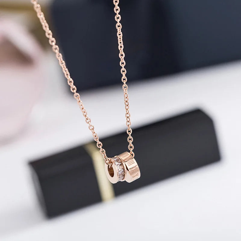 Roman Numerals Double Ring Flash Diamond Titanium Steel Necklace Female