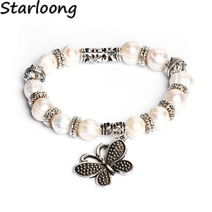 Freshwater Pearl Bracelet with Butterfly Charms Rhinestone Spacers