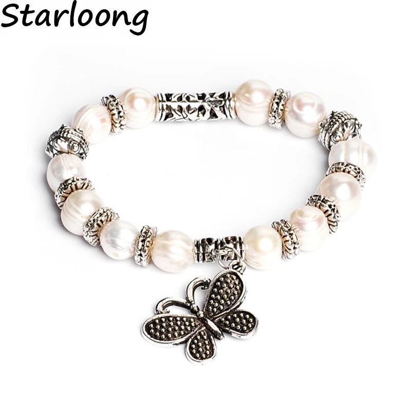 Freshwater Pearl Bracelet with Butterfly Charms Rhinestone Spacers