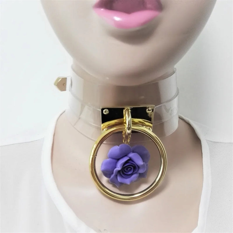 Harajuku Leather Punk Choker Necklace with Gold-color Flower Rivets
