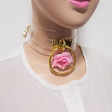 Harajuku Leather Punk Choker Necklace with Gold-color Flower Rivets