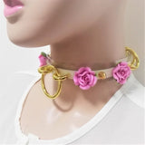 Sexy Harajuku Leather Punk Choker Necklace Flower Gold Rivets Collar