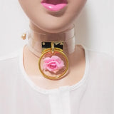 Harajuku Leather Punk Choker Necklace with Gold-color Flower Rivets