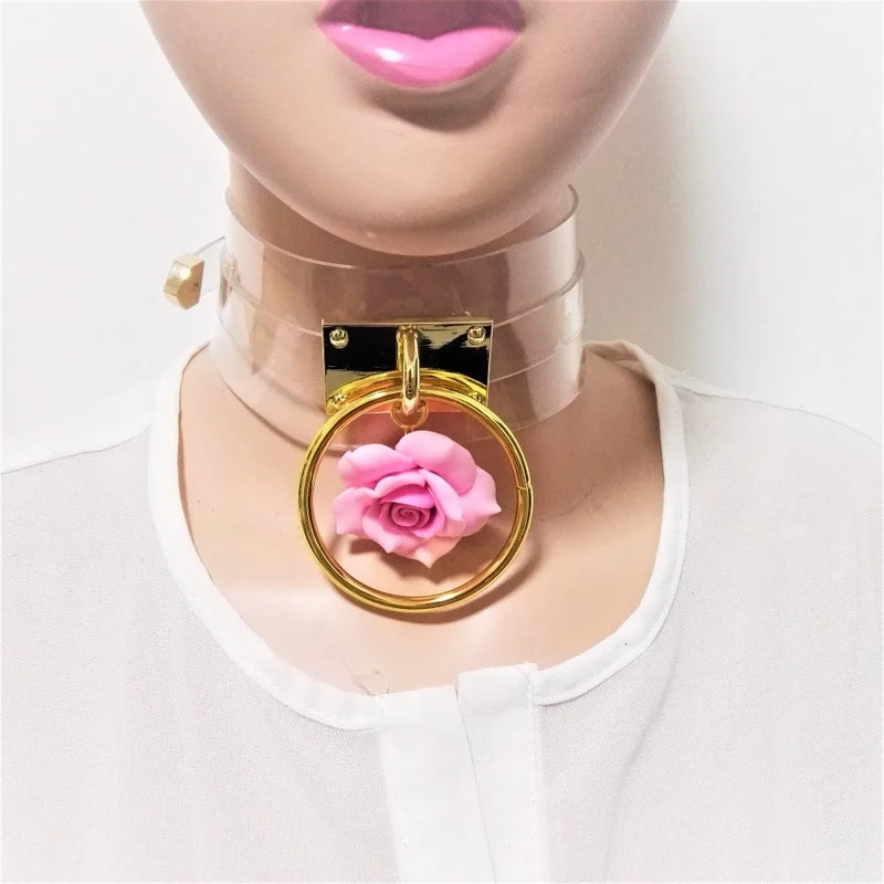 Harajuku Leather Punk Choker Necklace Gold Flower Rivets