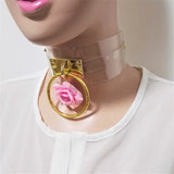 Harajuku Leather Punk Choker Necklace Gold Flower Rivets