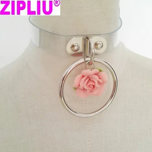 Sexy Harajuku Leather Punk Choker Necklace Flower O-Round Rivets Collar