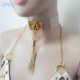 Sexy Harajuku Leather Punk Choker Necklace with Gold Tassel Pendant