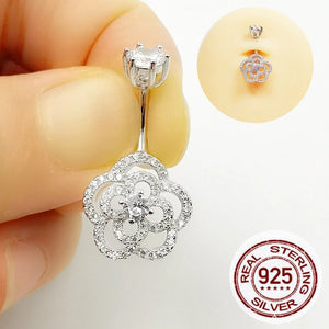 925 Silver Flower CZ Belly Button Rings for Women