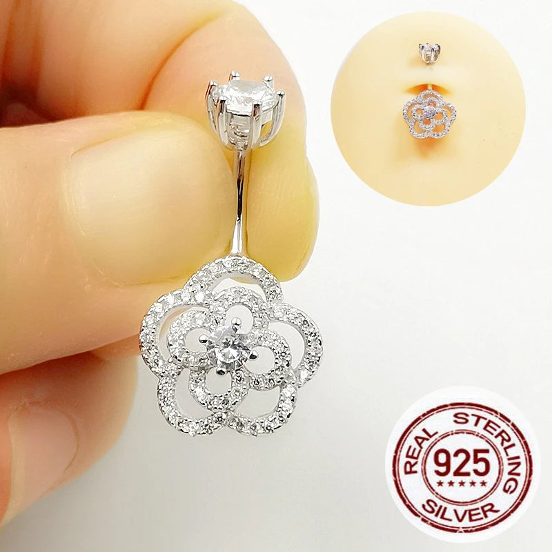 925 Silver Flower CZ Belly Button Rings for Women