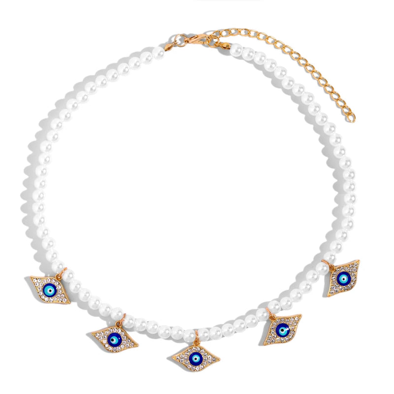 Evil Eye Pearl Necklace For Women Boho EvilEye Pearl Beads Chain Necklaces