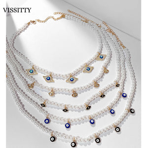 Evil Eye Pearl Necklace For Women Boho EvilEye Pearl Beads Chain Necklaces
