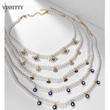 Evil Eye Pearl Necklace For Women Boho EvilEye Pearl Beads Chain Necklaces