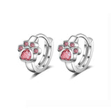 Silver Cat Paw Stud Earrings with Purple Pink Zircon