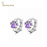 Silver Cat Paw Stud Earrings with Purple Pink Zircon