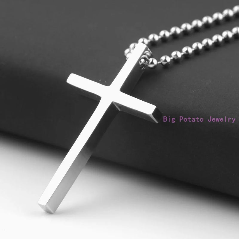Silver Smooth Cross Pendant Necklace Stainless Steel Unisex Jewelry