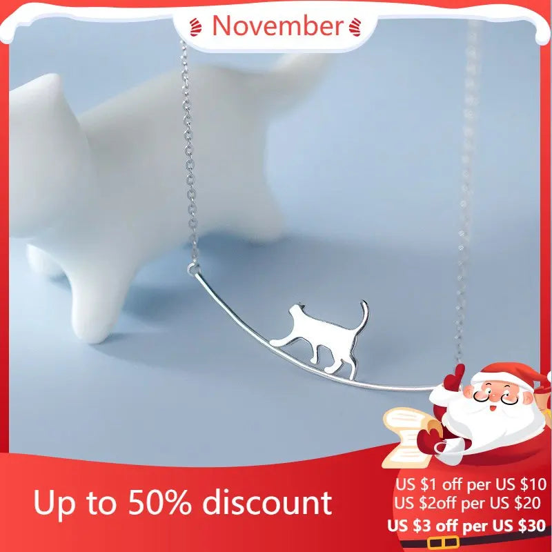 Walking Cat Silver Necklace for Women