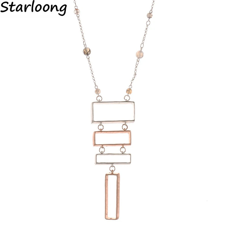 Square Shape Alloy Pendant Long Chain Necklace for Women