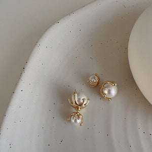 Liquid Metal Pearl Stud Earrings Retro Style Women's Jewelry