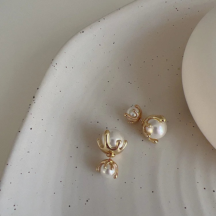 Liquid Metal Pearl Stud Earrings Retro Style Women's Jewelry