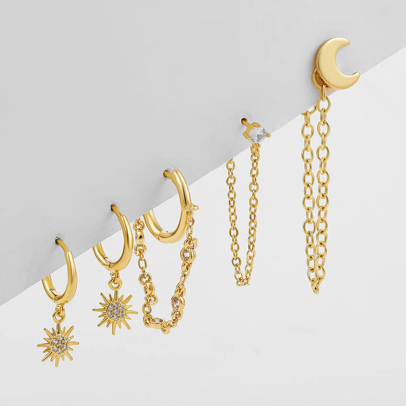 Sun & Moon Earrings Set CZ Crystal Stud Piercings