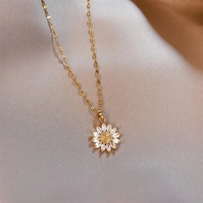 Sunflower Clavicle Necklace Choker For Women Leaf Feather Shining Crystal
