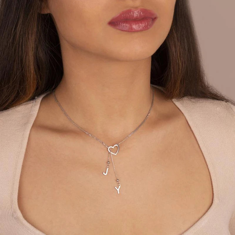 Temperament Stainless Steel Heart A-Z Letter Pendant Necklace