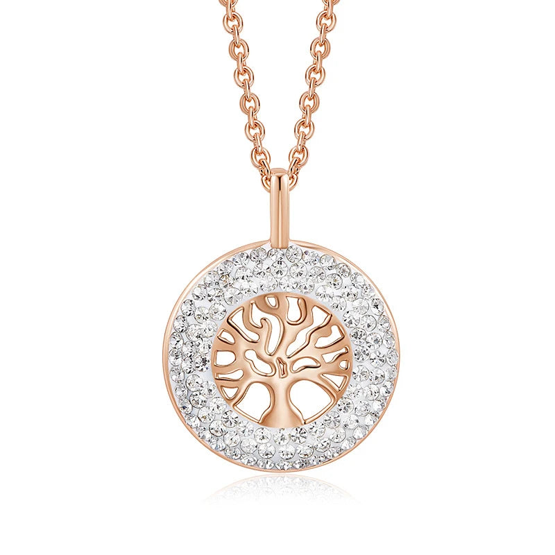 Tree of Life Pendant Necklace Rose Plated Crystal
