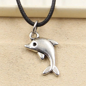 Tibetan Silver Dolphin Pendant Necklace Choker Leather Cord Jewelry