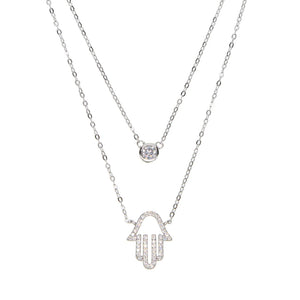Dainty Hamsa Double Layer CZ Choker Necklace 925 Sterling Silver Luck