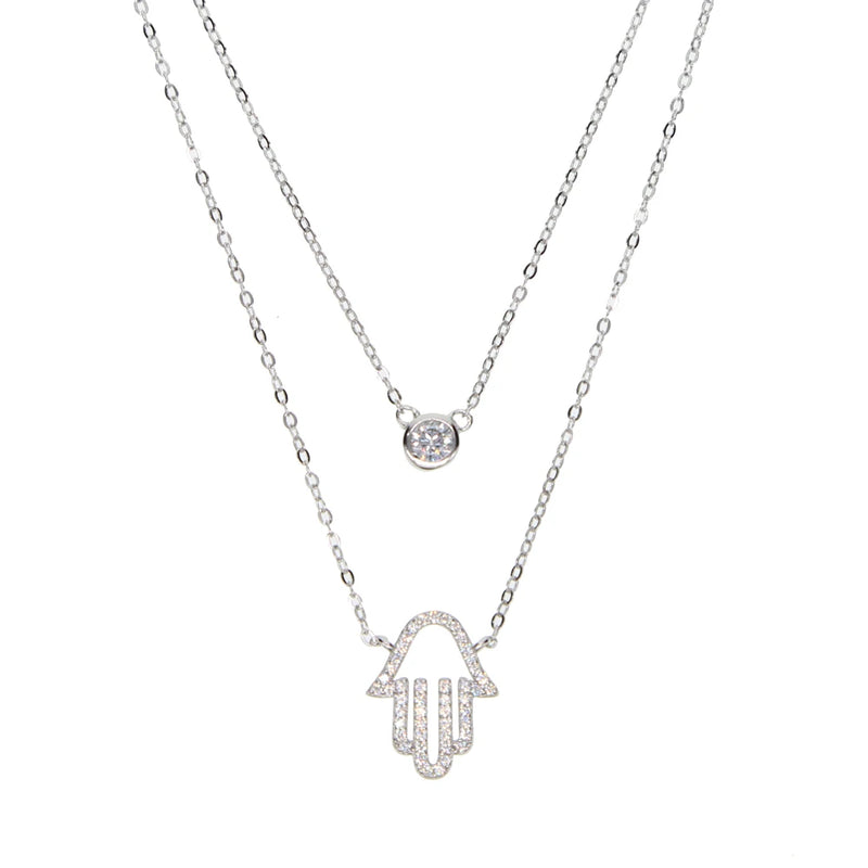 Dainty Hamsa Double Layer CZ Choker Necklace 925 Sterling Silver Luck
