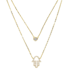 Dainty Hamsa Double Layer CZ Choker Necklace 925 Sterling Silver Luck