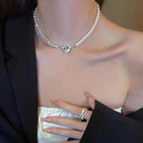 Pearl Diamond Love Asymmetric Necklace Women Jewelry